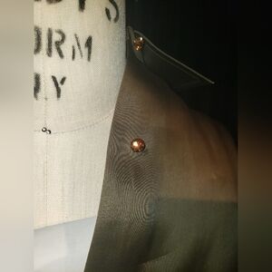 Isaac Mizrahi 100% silk Olive Green semi sheer Swarovski orange crystal button